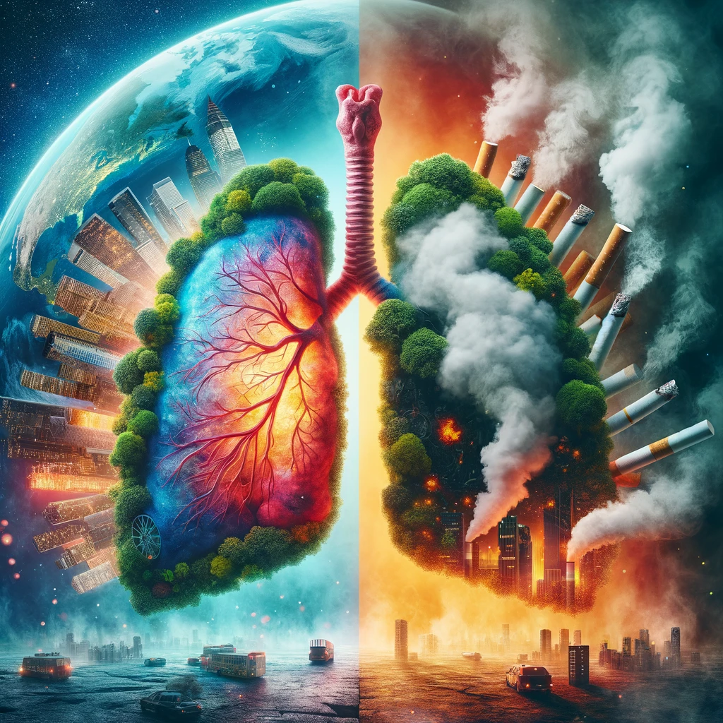 DALL·E 2024-11-25 12.39.52 - A visually impactful image illustrating the global issue of lung-related diseases. The image features a split scene_ on the left, a representation of